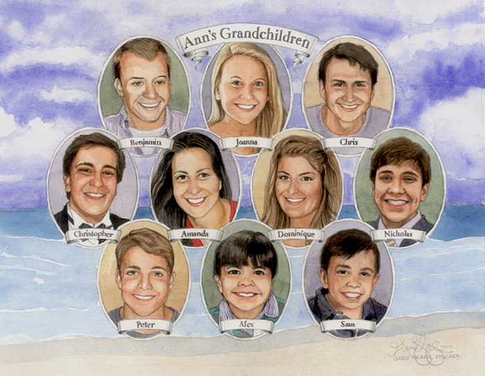 Group portrait of ten grandchildren in watercolor