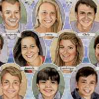 Group portrait of ten grandchildren in watercolor